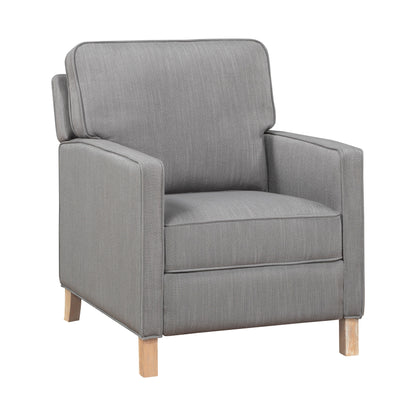 Poltrona reclinabile classica tradizionale con schienale a spinta, rivestimento in tessuto grigio, cuscino per seduta, mobili in legno massello, 1 pezzo