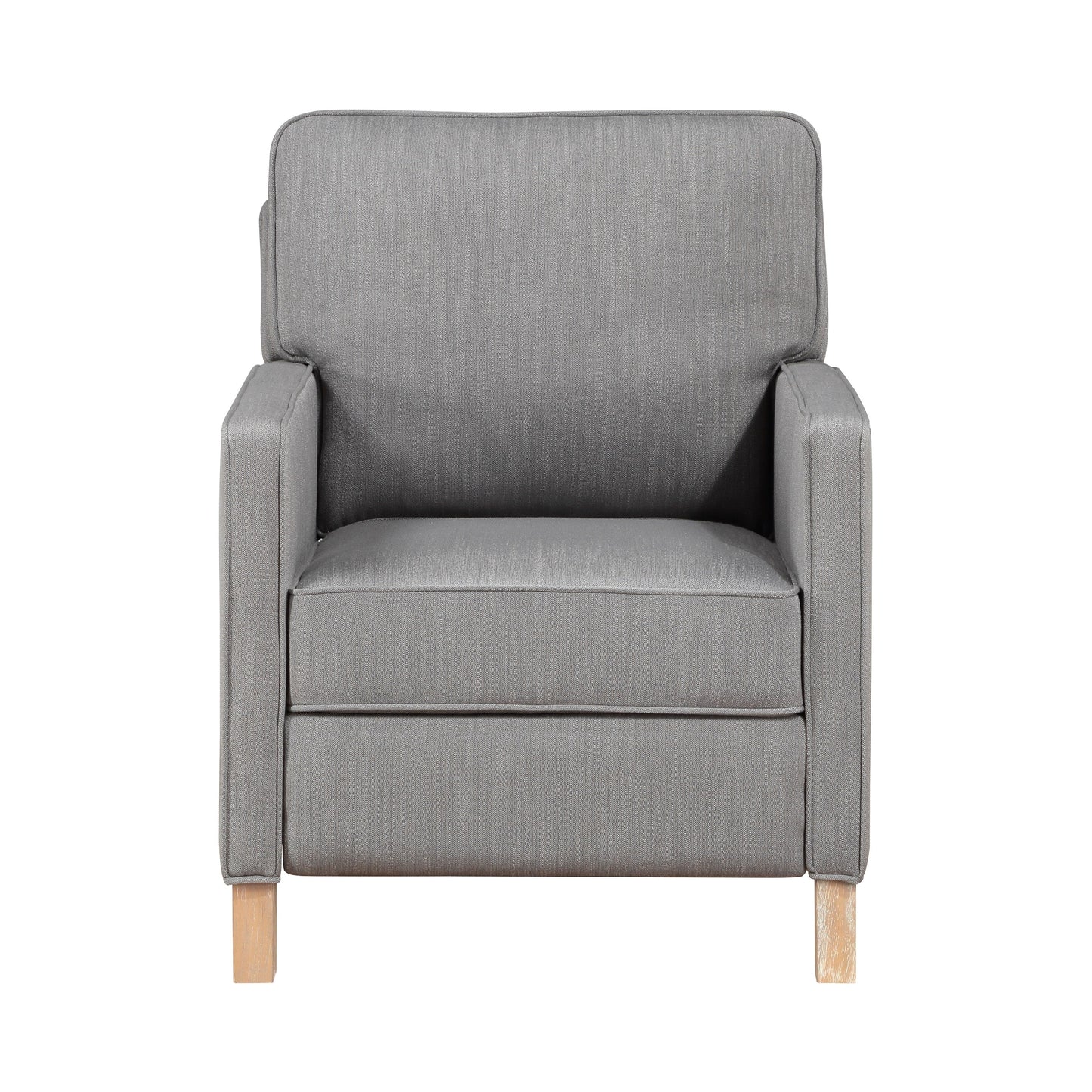 Poltrona reclinabile classica tradizionale con schienale a spinta, rivestimento in tessuto grigio, cuscino per seduta, mobili in legno massello, 1 pezzo