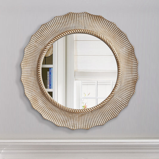 Specchio da parete decorativo rotondo in legno beige bohémien da 30 pollici per il bagno