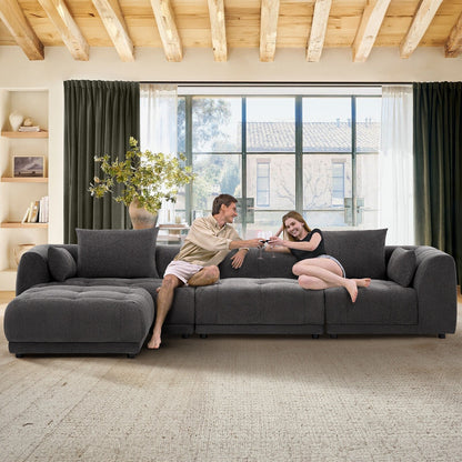 Divano componibile Cloud 144 con pouf - Divano da soggiorno in tessuto di ciniglia