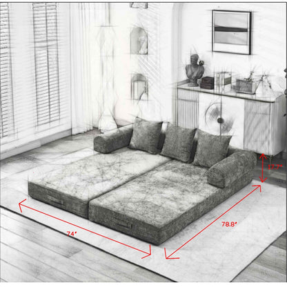 Comodo divano letto pieghevole trasformabile, divano letto da terra, divano da terra in ciniglia con braccioli, divano da terra