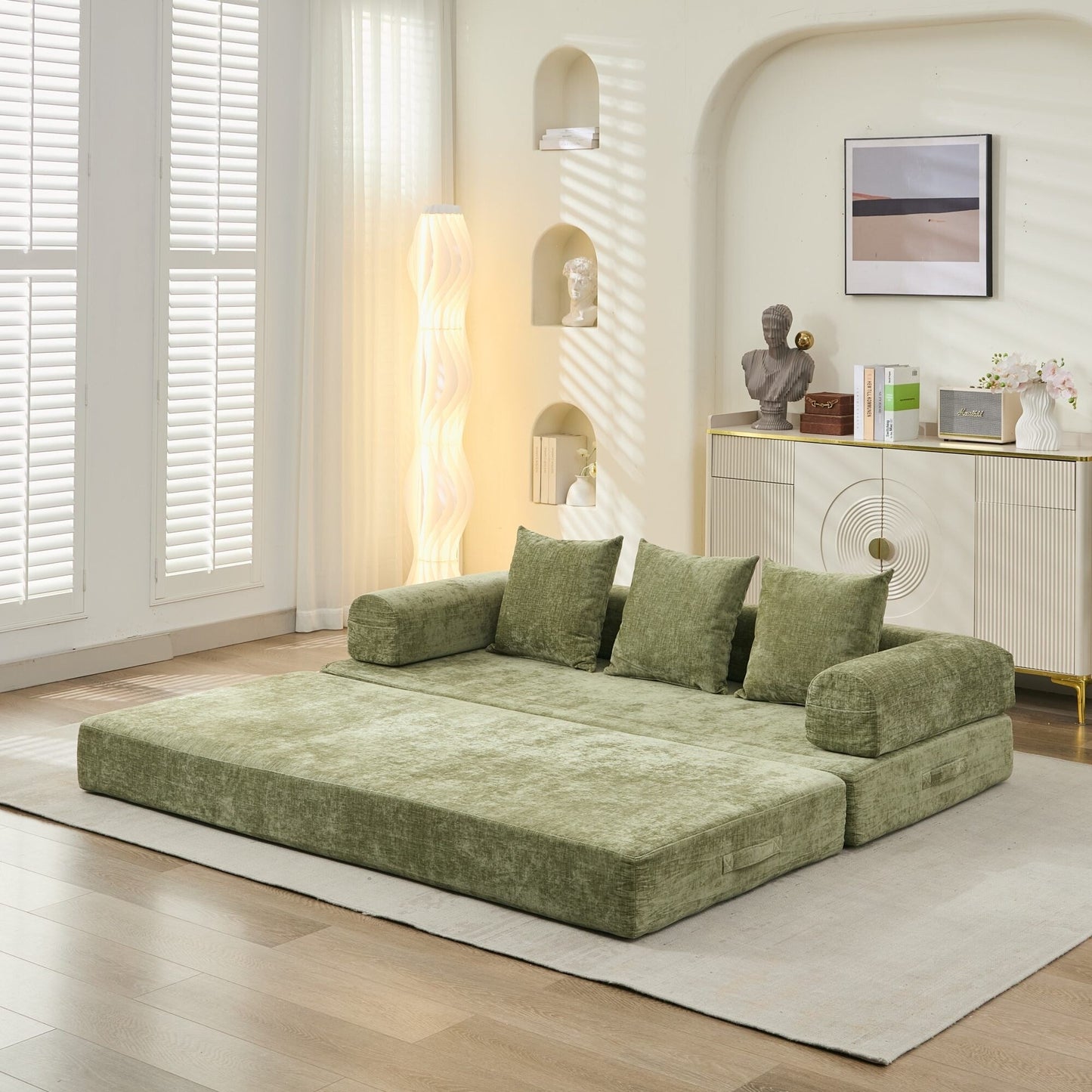 Comodo divano letto pieghevole trasformabile, divano letto da terra, divano da terra in ciniglia con braccioli, divano da terra