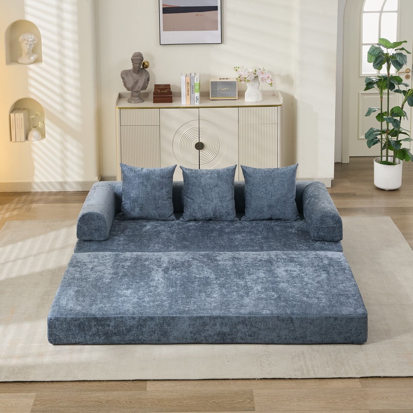 Divano letto pieghevole e trasformabile, comodo divano letto da terra, divano da terra in ciniglia con braccioli, divano da terra