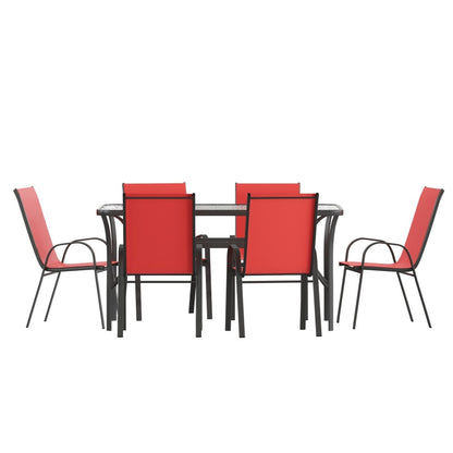 Set da pranzo per esterni commerciale da 7 pezzi con tavolo in vetro e 6 sedie