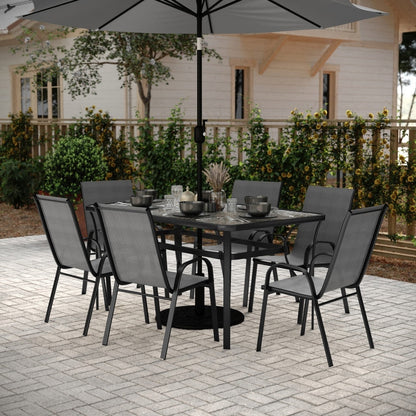 Set da pranzo per esterni commerciale da 7 pezzi con tavolo in vetro e 6 sedie