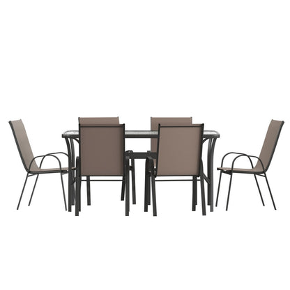 Set da pranzo per esterni commerciale da 7 pezzi con tavolo in vetro e 6 sedie