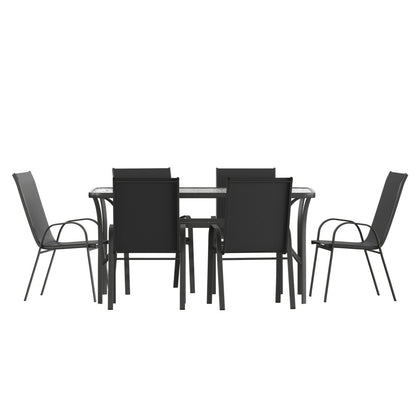 Set da pranzo per esterni commerciale da 7 pezzi con tavolo in vetro e 6 sedie