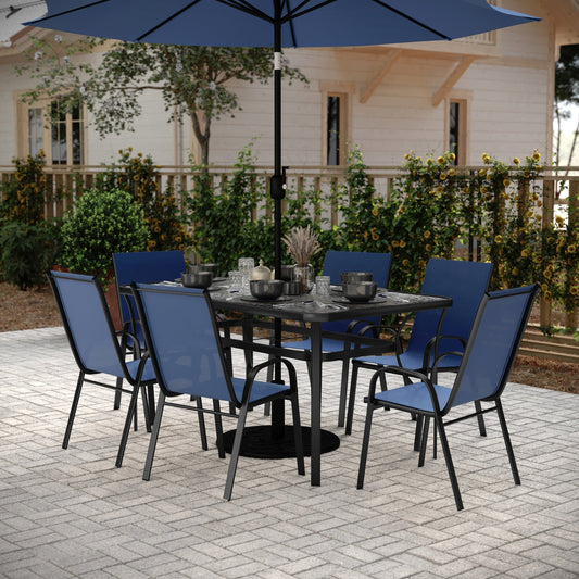 Set da pranzo per esterni commerciale da 7 pezzi con tavolo in vetro e 6 sedie