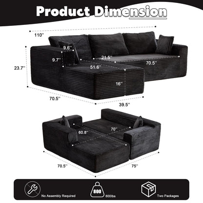 Divano componibile a compressione con chaise longue a forma di L, divano letto modulare con seduta profonda per soggiorno, camera da letto, velluto a coste