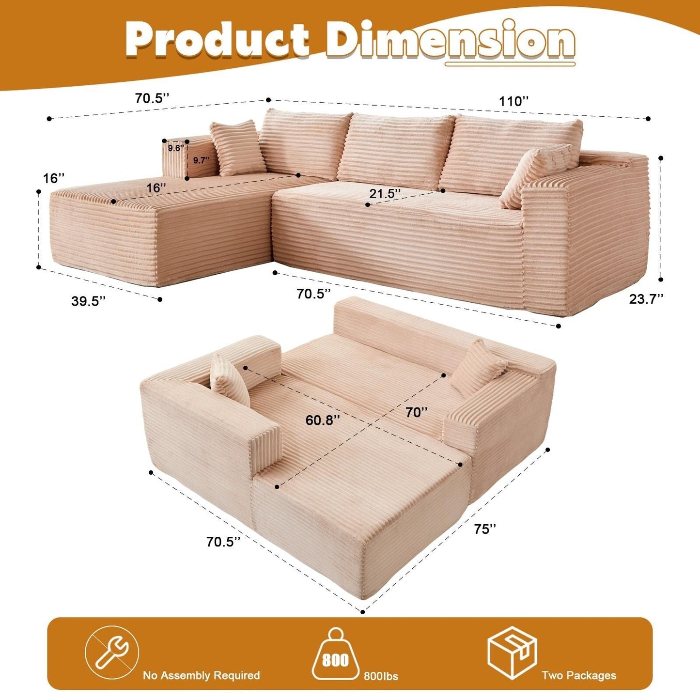 Divano componibile a compressione con chaise longue a forma di L, divano letto modulare con seduta profonda per soggiorno, camera da letto, velluto a coste