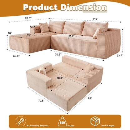 Divano componibile a compressione con chaise longue a forma di L, divano letto modulare con seduta profonda per soggiorno, camera da letto, velluto a coste