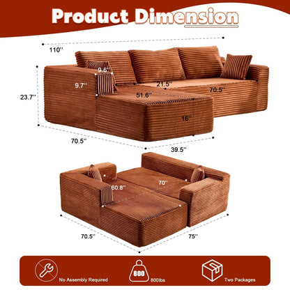 Divano componibile a compressione con chaise longue a forma di L, divano letto modulare con seduta profonda per soggiorno, camera da letto, velluto a coste