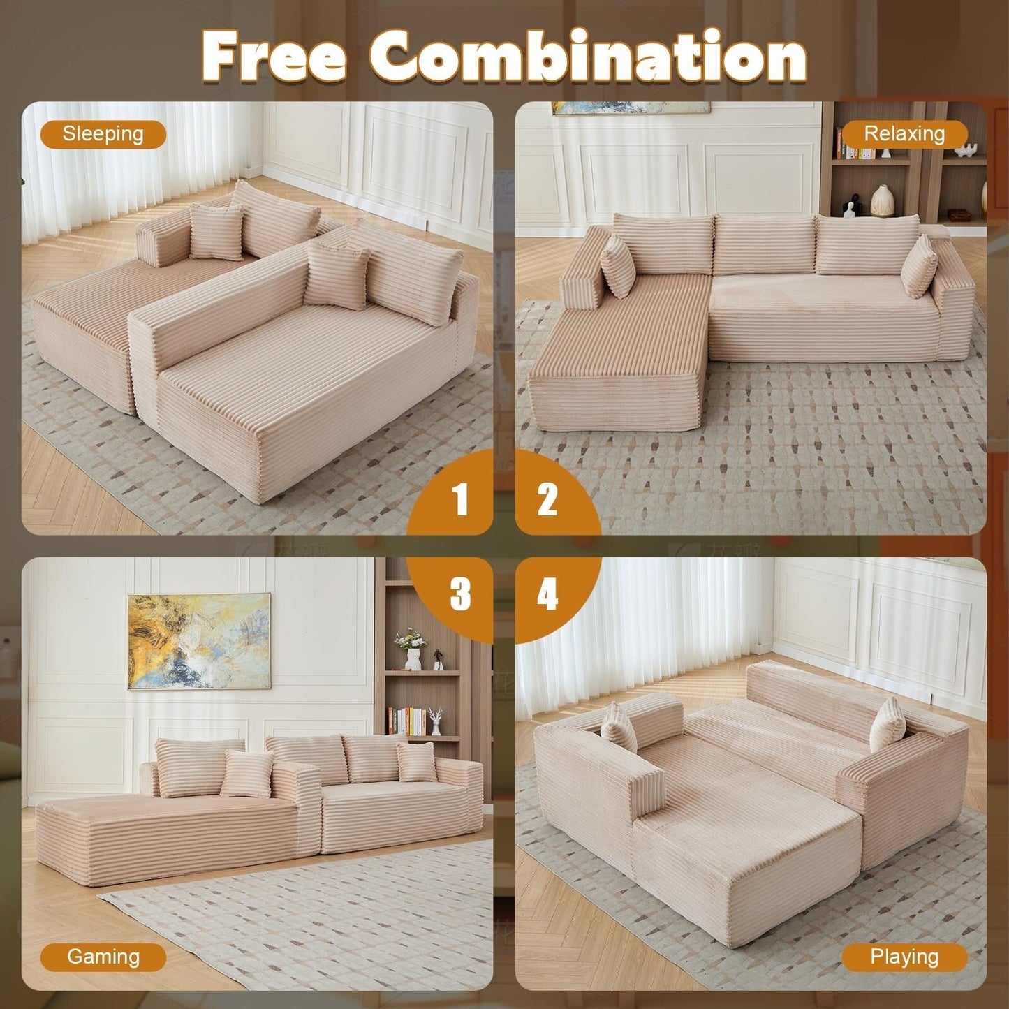 Divano componibile a compressione con chaise longue a forma di L, divano letto modulare con seduta profonda per soggiorno, camera da letto, velluto a coste