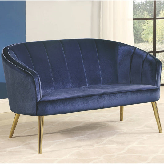 Divano contemporaneo per soggiorno in velluto blu e gambe in ottone