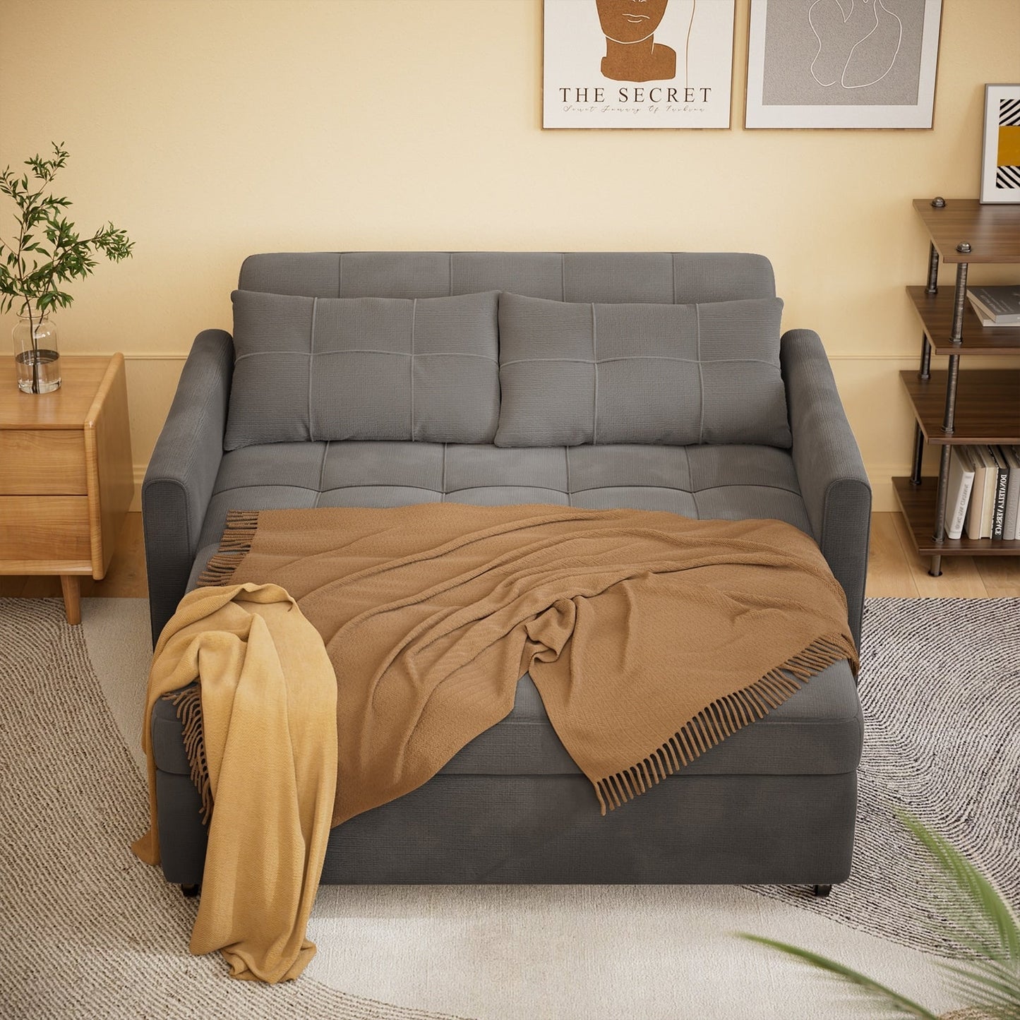 Divano letto trasformabile 3 in 1, chaise longue con letto estraibile, velluto/tessuto