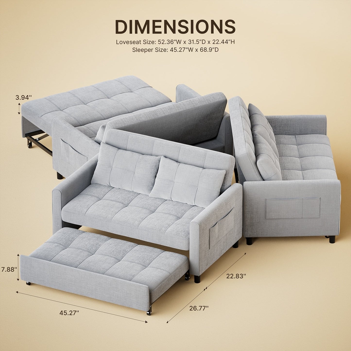 Divano letto trasformabile 3 in 1, chaise longue con letto estraibile, velluto/tessuto