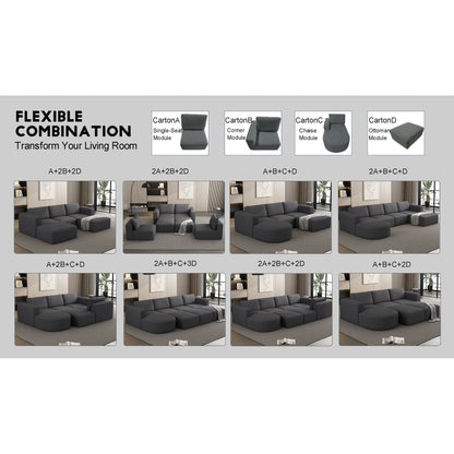 Divano componibile modulare a forma di U convertibile 104,32*70,86 con chaise longue, pouf e spugna compressa per soggiorno