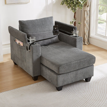 Divano letto trasformabile in chaise longue da 37,4 pollici, in velluto a coste, con porte USB e due portabicchieri.