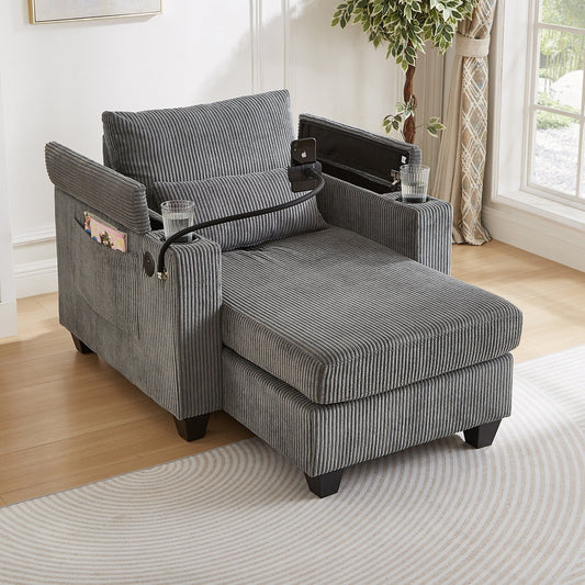 Divano letto trasformabile in chaise longue da 37,4 pollici, in velluto a coste, con porte USB e due portabicchieri.