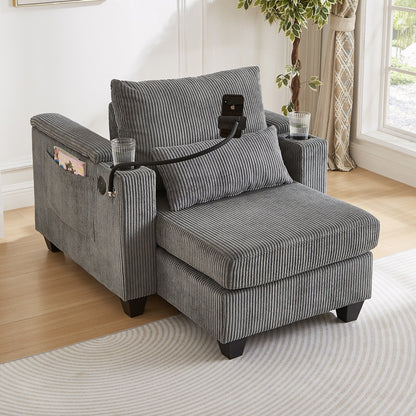 Divano letto trasformabile in chaise longue da 37,4 pollici, in velluto a coste, con porte USB e due portabicchieri.
