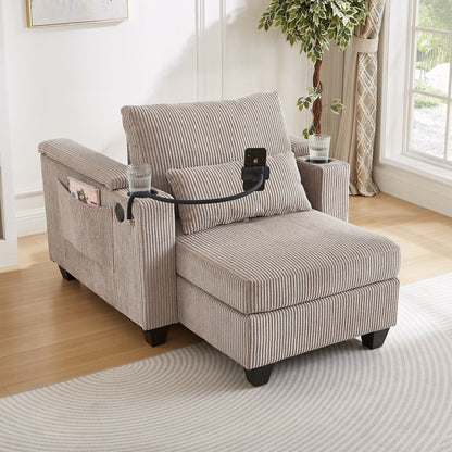 Divano letto trasformabile in chaise longue da 37,4 pollici, in velluto a coste, con porte USB e due portabicchieri.
