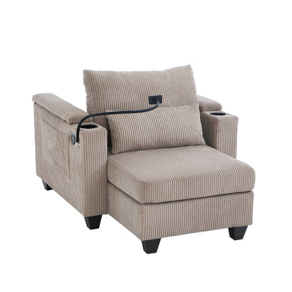 Divano letto trasformabile in chaise longue da 37,4 pollici, in velluto a coste, con porte USB e due portabicchieri.