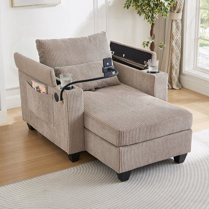 Divano letto trasformabile in chaise longue da 37,4 pollici, in velluto a coste, con porte USB e due portabicchieri.
