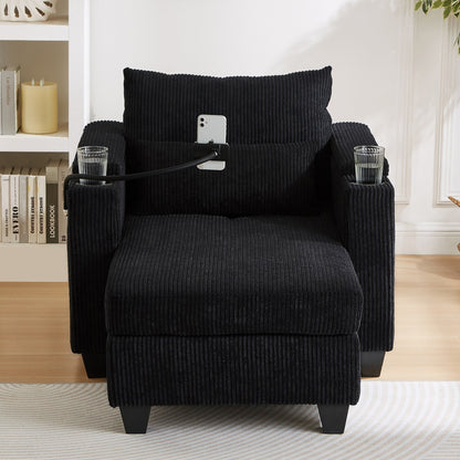 Divano letto trasformabile in chaise longue da 37,4 pollici, in velluto a coste, con porte USB e due portabicchieri.