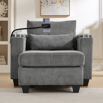 Divano letto trasformabile in chaise longue da 37,4 pollici, in velluto a coste, con porte USB e due portabicchieri.