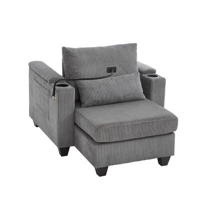 Divano letto trasformabile in chaise longue da 37,4 pollici, in velluto a coste, con porte USB e due portabicchieri.