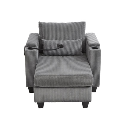 Divano letto trasformabile in chaise longue da 37,4 pollici, in velluto a coste, con porte USB e due portabicchieri.