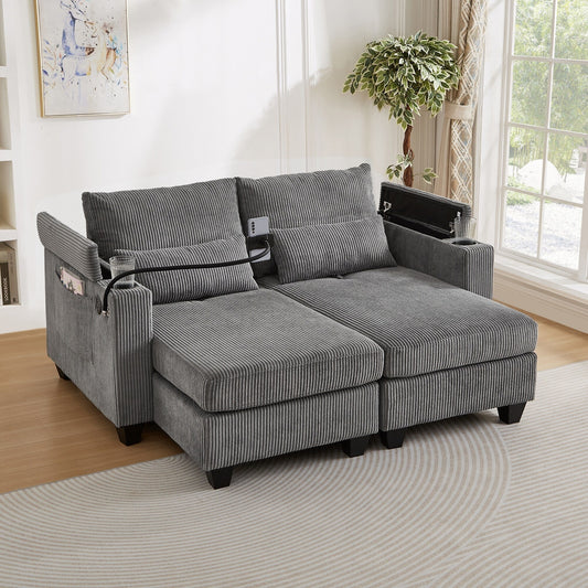 Divano letto trasformabile in chaise longue da 63 posti, divano letto in velluto a coste con porte USB e due portabicchieri