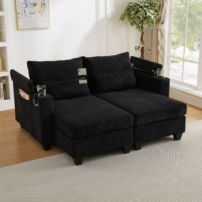 Divano letto trasformabile in chaise longue da 63 posti, divano letto in velluto a coste con porte USB e due portabicchieri