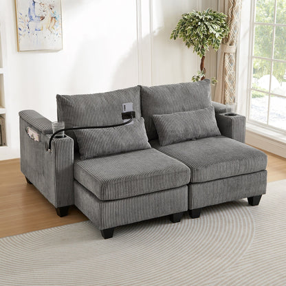 Divano letto trasformabile in chaise longue da 63 posti, divano letto in velluto a coste con porte USB e due portabicchieri