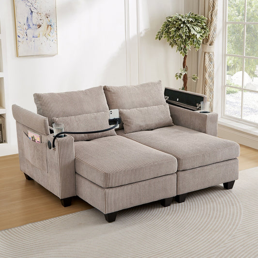 Divano letto trasformabile in chaise longue da 63 posti, divano letto in velluto a coste con porte USB e due portabicchieri