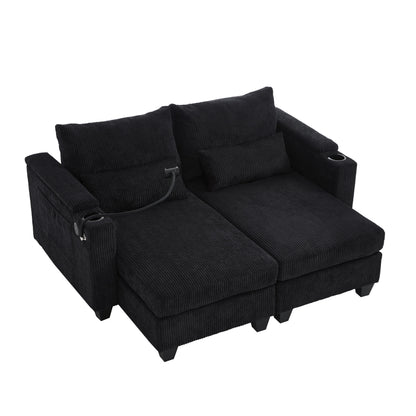 Divano letto trasformabile in chaise longue da 63 posti, divano letto in velluto a coste con porte USB e due portabicchieri