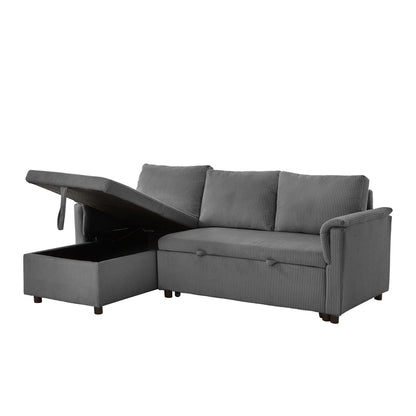Divano letto estraibile modulare in velluto a coste trasformabile con chaise longue contenitore e schienale reclinabile per soggiorno