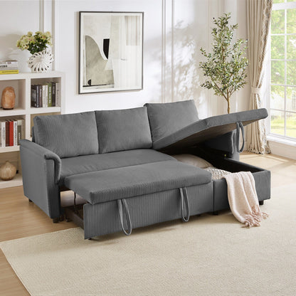 Divano letto estraibile modulare in velluto a coste trasformabile con chaise longue contenitore e schienale reclinabile per soggiorno