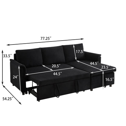 Divano letto estraibile modulare in velluto a coste trasformabile con chaise longue contenitore e schienale reclinabile per soggiorno