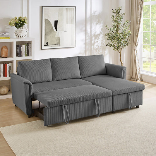 Divano letto estraibile modulare in velluto a coste trasformabile con chaise longue contenitore e schienale reclinabile per soggiorno