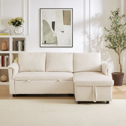 Divano letto estraibile modulare in velluto a coste trasformabile con chaise longue contenitore e schienale reclinabile per soggiorno