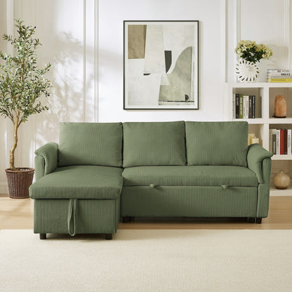 Divano letto estraibile modulare in velluto a coste trasformabile con chaise longue contenitore e schienale reclinabile per soggiorno