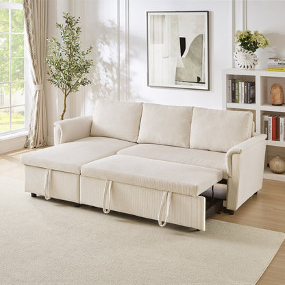 Divano letto estraibile modulare in velluto a coste trasformabile con chaise longue contenitore e schienale reclinabile per soggiorno