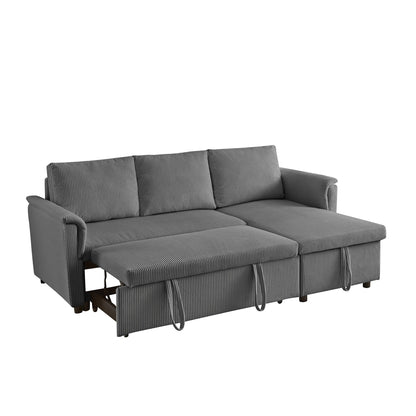 Divano letto estraibile modulare in velluto a coste trasformabile con chaise longue contenitore e schienale reclinabile per soggiorno