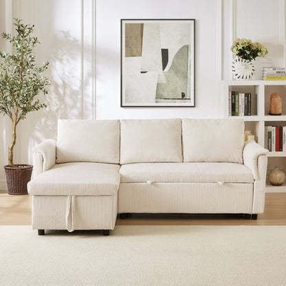 Divano letto estraibile modulare in velluto a coste trasformabile con chaise longue contenitore e schienale reclinabile per soggiorno