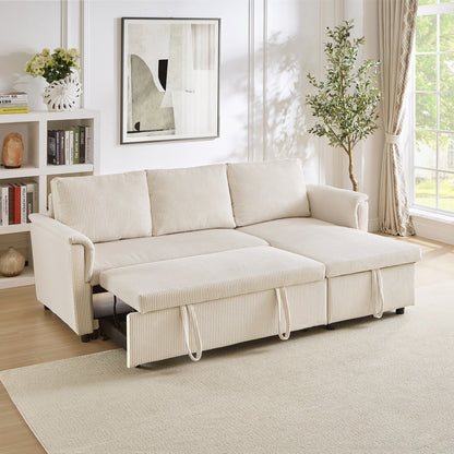 Divano letto estraibile modulare in velluto a coste trasformabile con chaise longue contenitore e schienale reclinabile per soggiorno