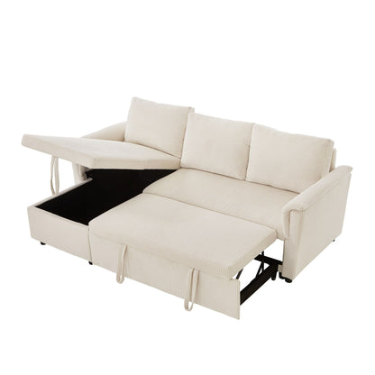 Divano letto estraibile modulare in velluto a coste trasformabile con chaise longue contenitore e schienale reclinabile per soggiorno