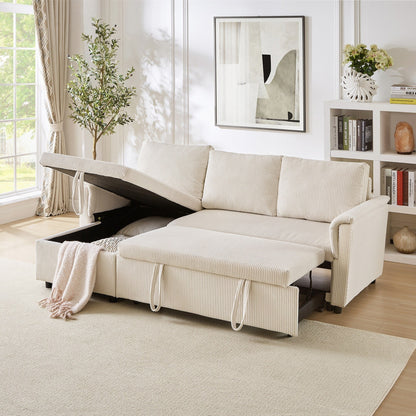 Divano letto estraibile modulare in velluto a coste trasformabile con chaise longue contenitore e schienale reclinabile per soggiorno