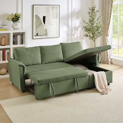 Divano letto estraibile modulare in velluto a coste trasformabile con chaise longue contenitore e schienale reclinabile per soggiorno