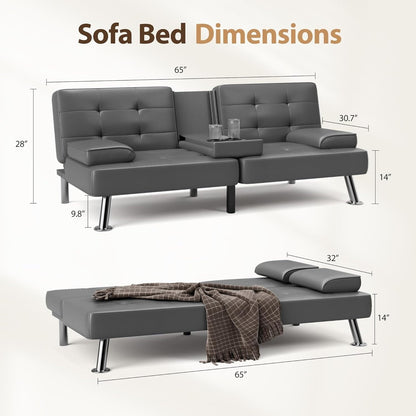 Divano letto futon pieghevole trasformabile - Divano letto in similpelle con braccioli rimovibili, gambe in metallo e portabicchieri, nero